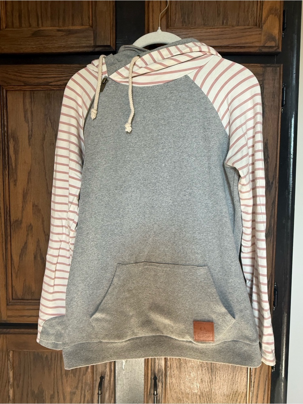 Mindy Mae’s Market double hood, Striped Sleeve Gray Hooded Sweatshirt